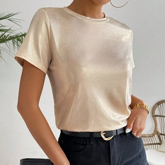 Apricot Casual Women's Chic And Elegant Mermaid Princess Round Neck T-Shirt - Picture 5 of 7